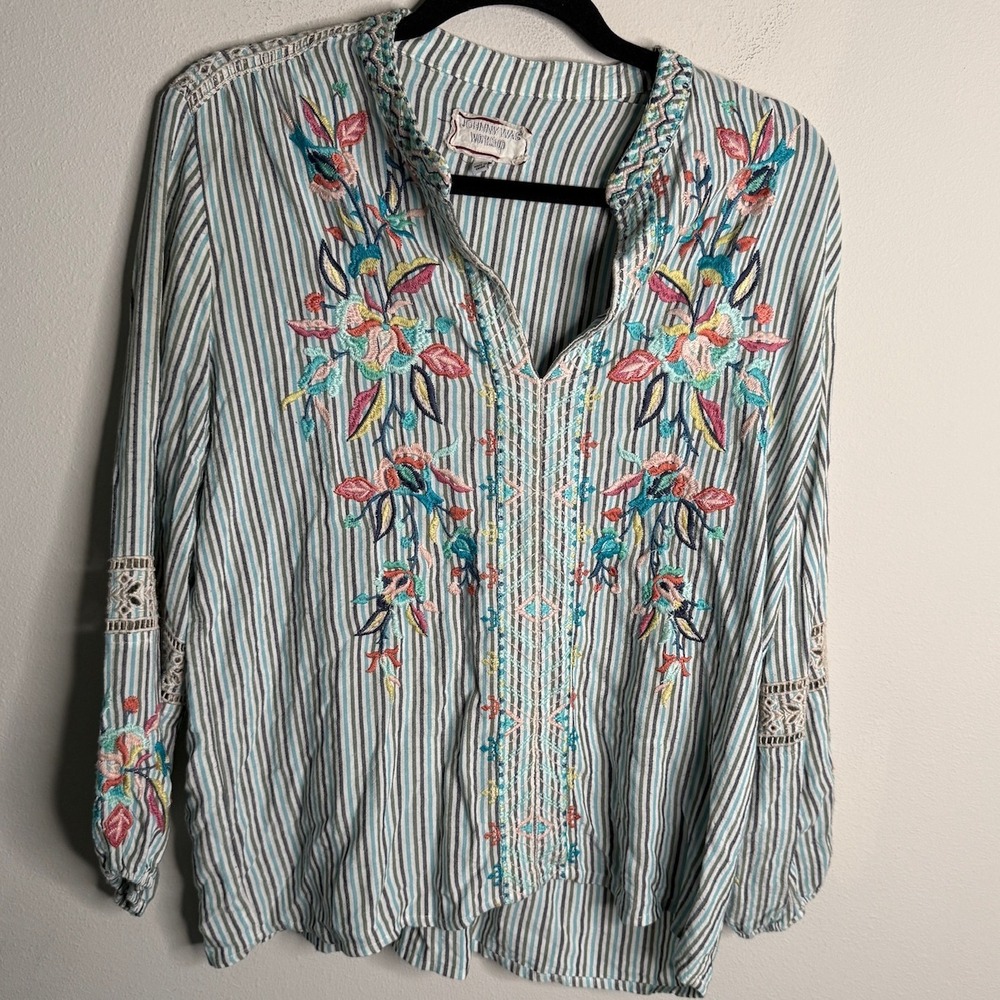 Johnny Was Women's Lais Paris Blue Striped Embroidered Blouse Colorful Boho